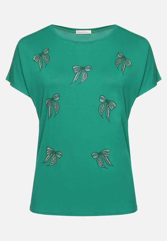 Zielony T-shirt z Bawełny z Kokardkami Ozdobionymi Cyrkoniami Rissamore 2
