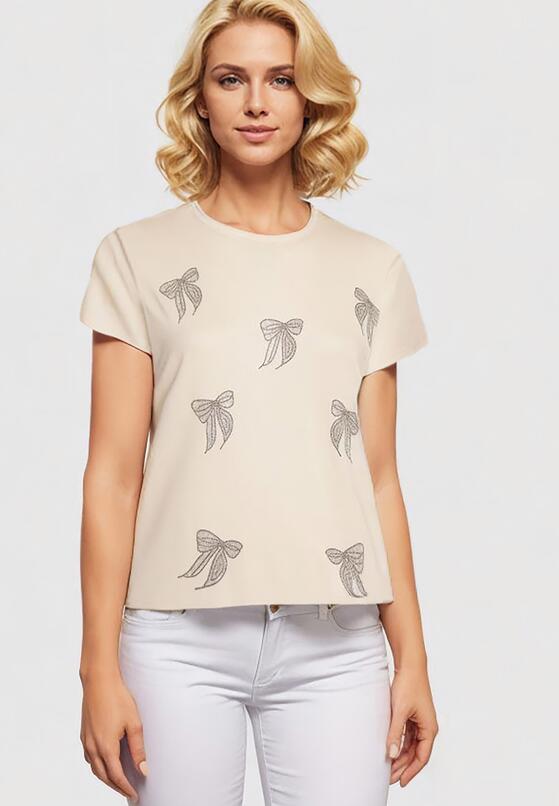 Beżowy T-shirt z Bawełny z Kokardkami Ozdobionymi Cyrkoniami Rissamore 1