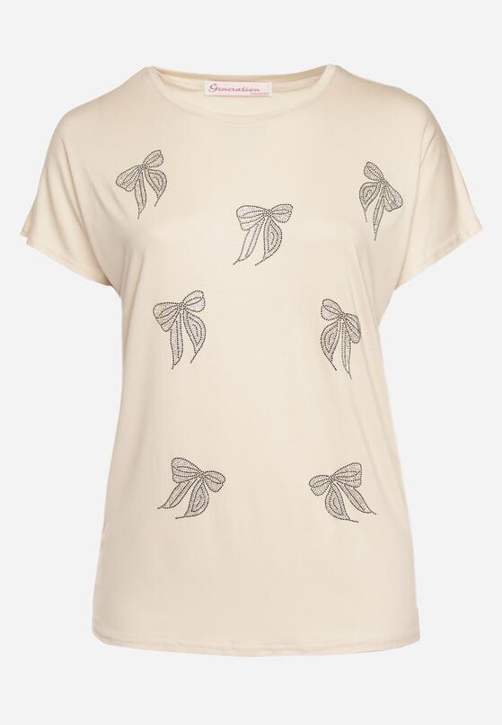 Beżowy T-shirt z Bawełny z Kokardkami Ozdobionymi Cyrkoniami Rissamore 2
