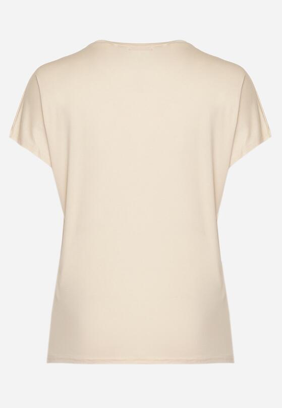 Beżowy T-shirt z Bawełny z Kokardkami Ozdobionymi Cyrkoniami Rissamore 3