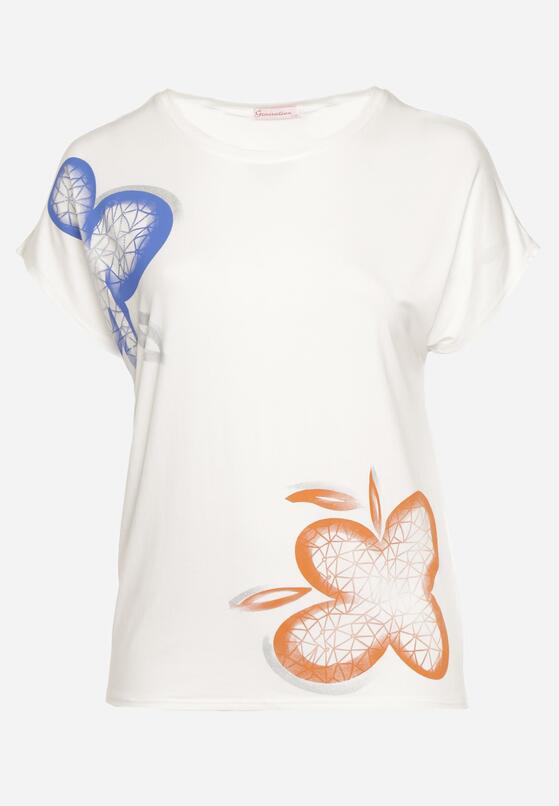 Biały Klasyczny T-shirt z Bawełny Ozdobiony Nadrukiem i Cyrkoniami Kristinae 6