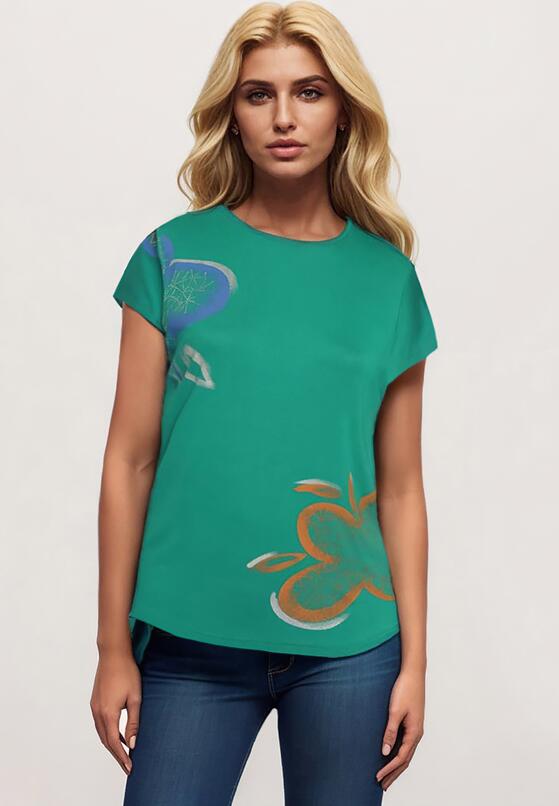 Zielony Klasyczny T-shirt z Bawełny Ozdobiony Nadrukiem i Cyrkoniami Kristinae 1