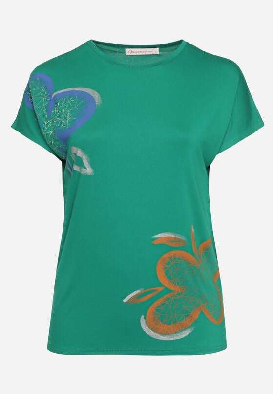 Zielony Klasyczny T-shirt z Bawełny Ozdobiony Nadrukiem i Cyrkoniami Kristinae 2