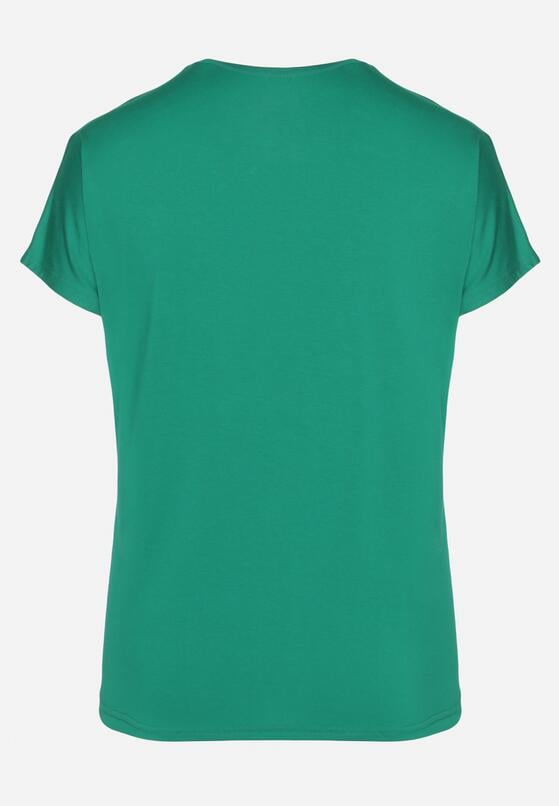 Zielony Klasyczny T-shirt z Bawełny Ozdobiony Nadrukiem i Cyrkoniami Kristinae 3