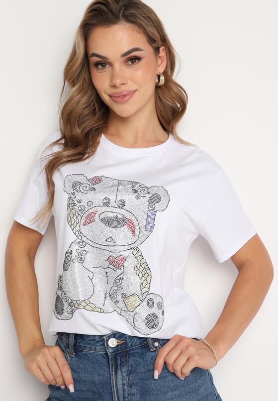 Biały Bawełniany T-shirt Wykończony z Przodu Cyrkoniami Hulilla 2