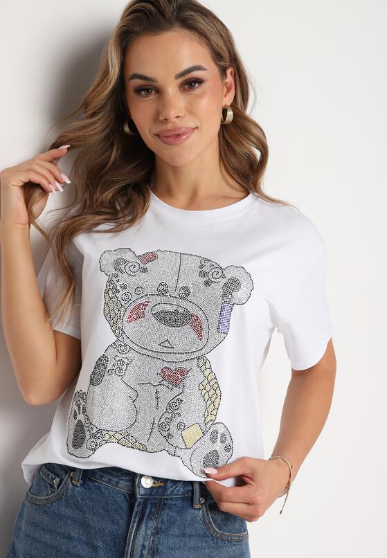 Biały Bawełniany T-shirt Wykończony z Przodu Cyrkoniami Hulilla 4