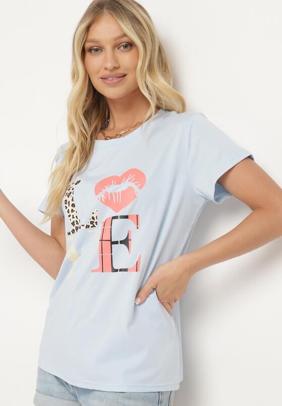 Jasnoniebieski T-shirt z Krótkim Rękawem i Ozdobnym Nadrukiem Testolene 4