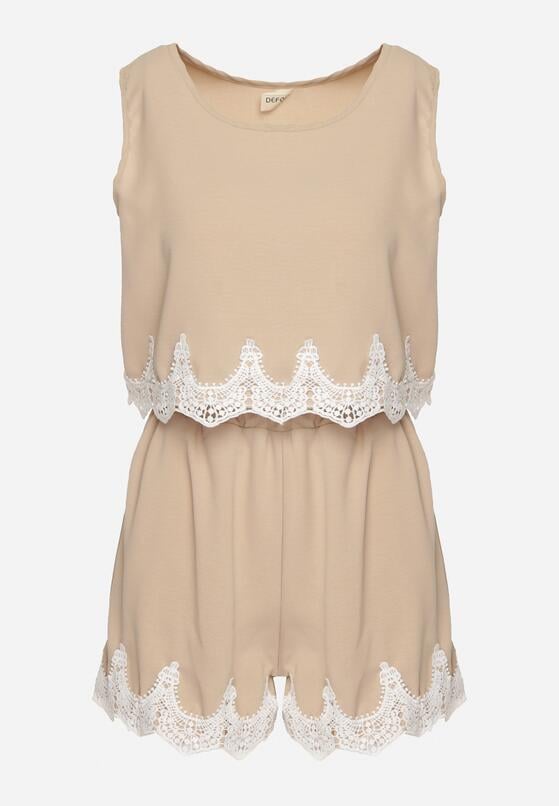Beżowy Komplet 2-Częściowy Wykończony Koronką Top na Ramiączkach Szorty z Wysokim Stanem Giloa 6