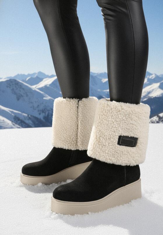 Czarne Botki na Koturnie z Futerkiem Typu Baranek Asnora 1