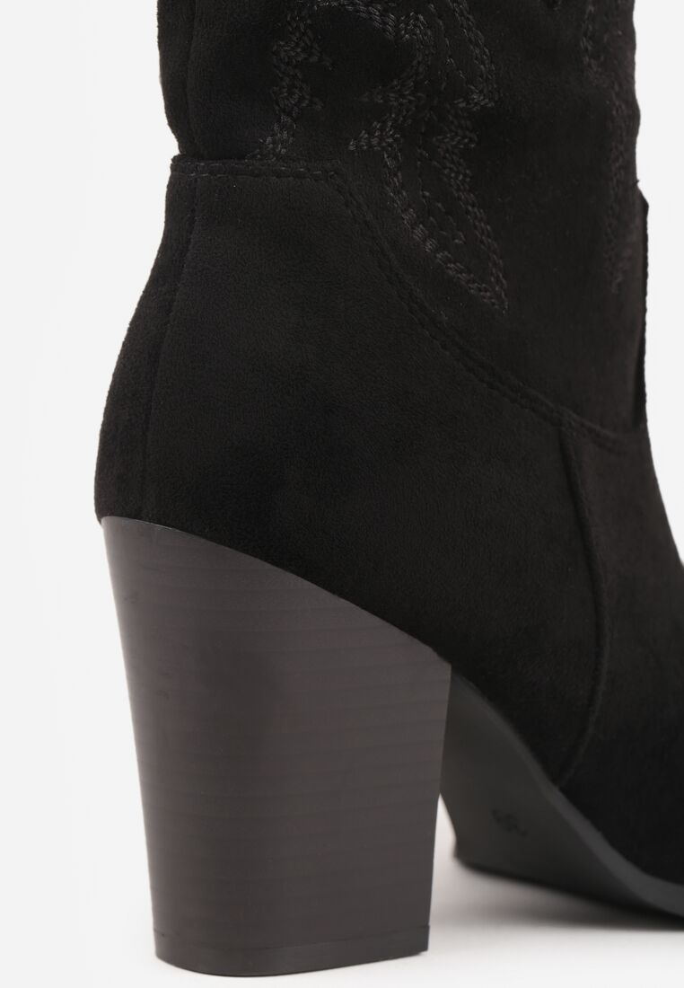 Czarne Botki na Obcasie w Stylu Kowbojek z Brokatem Remitha 9