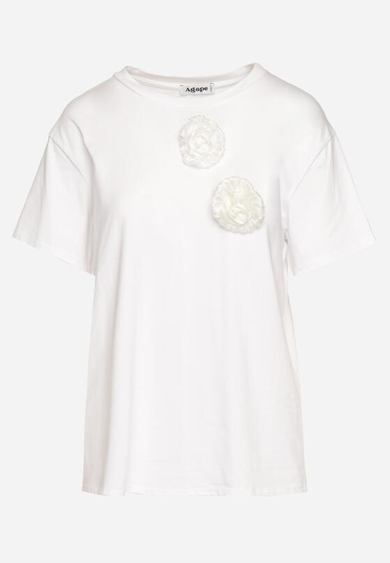Biały T-shirt z Bawełny z Aplikacją 3D w Kształcie Kwiatu Risandra 6