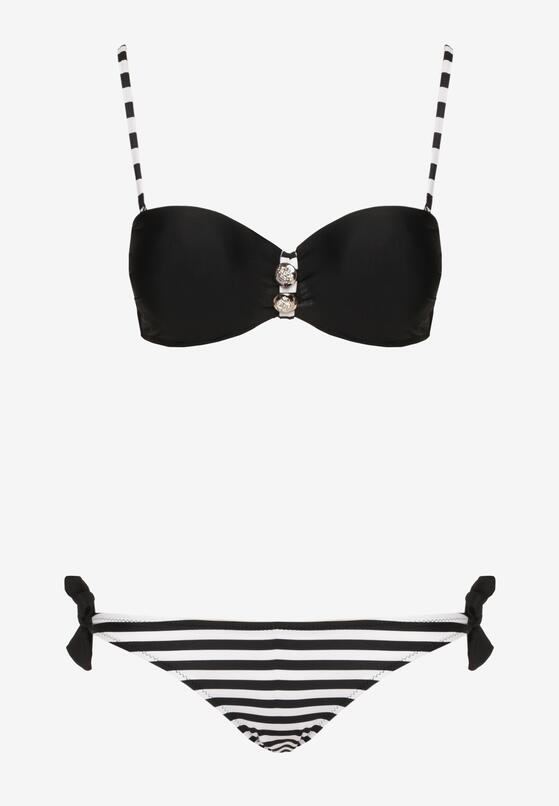 Czarno-Białe Bikini 2-Częściowe Stanik z Ozdobnymi Guzikami Majtki z Wiązaniem po Bokach Vikkama 5