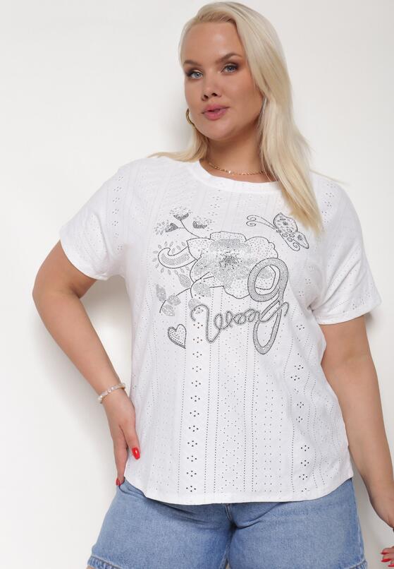 Biały Ażurowy T-shirt z Bawełną Ozdobiony Cyrkoniami Deviana 1