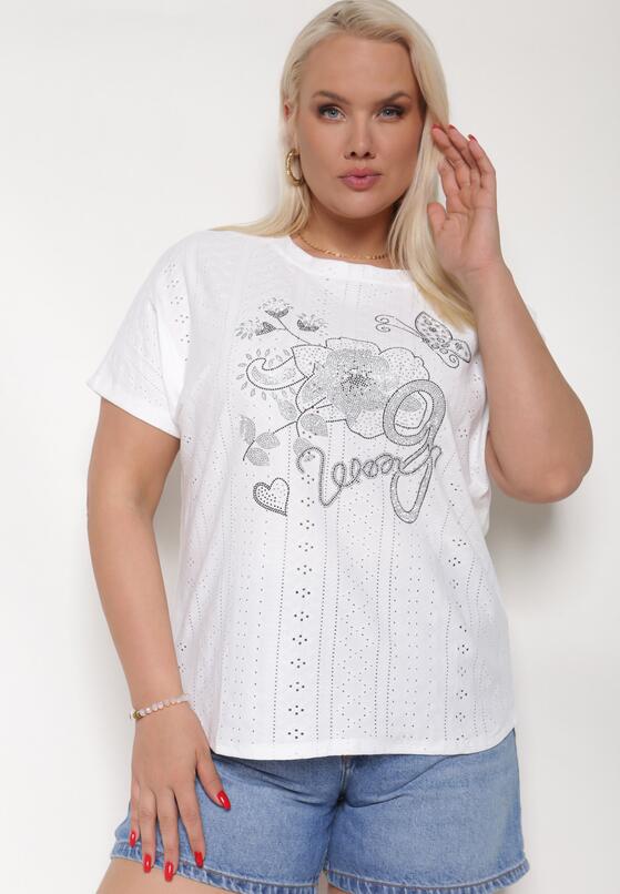 Biały Ażurowy T-shirt z Bawełną Ozdobiony Cyrkoniami Deviana 2