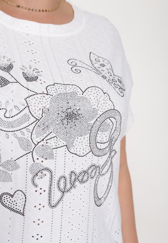 Biały Ażurowy T-shirt z Bawełną Ozdobiony Cyrkoniami Deviana 5