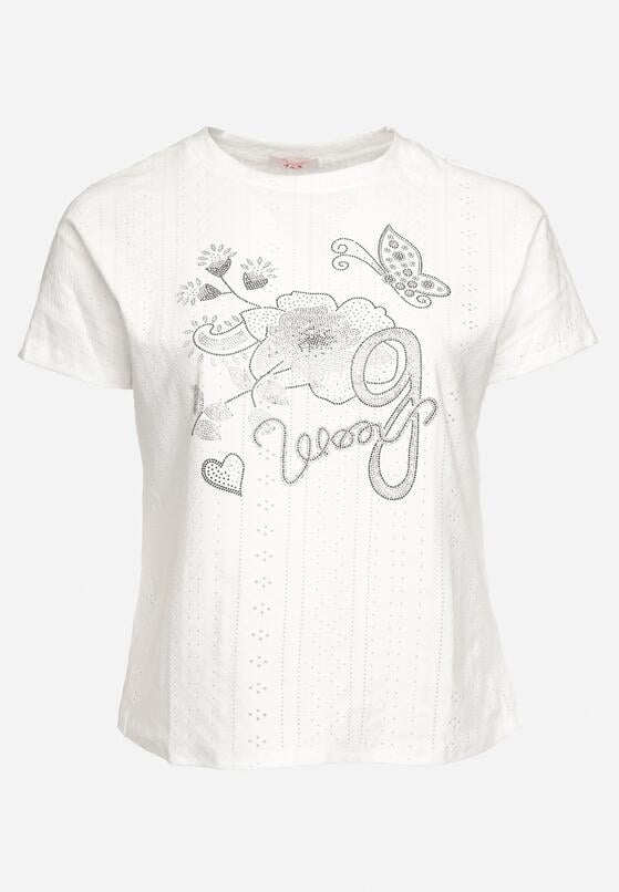 Biały Ażurowy T-shirt z Bawełną Ozdobiony Cyrkoniami Deviana 6