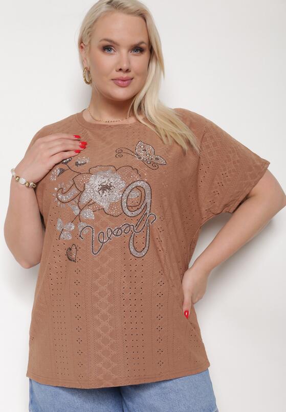 Brązowy Ażurowy T-shirt z Bawełną Ozdobiony Cyrkoniami Deviana 1
