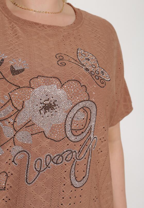 Brązowy Ażurowy T-shirt z Bawełną Ozdobiony Cyrkoniami Deviana 5