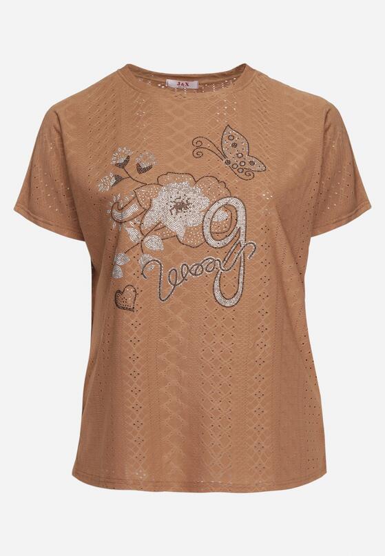 Brązowy Ażurowy T-shirt z Bawełną Ozdobiony Cyrkoniami Deviana 6