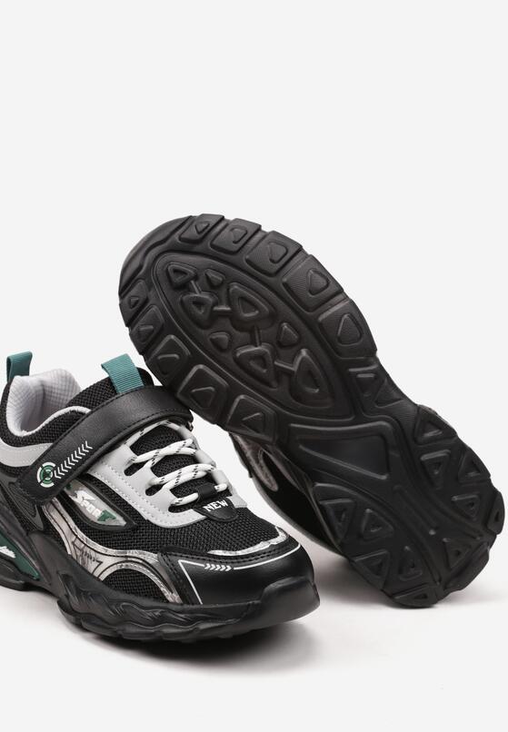 Czarne Płaskie Buty Sportowe Sneakersy na Rzep ze Skórzaną Wkładką i Ozdobnymi Sznurówkami Elzavia 3