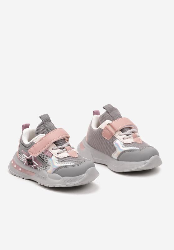 Szaro-Różowe Płaskie Buty Sportowe Sneakersy ze Skórzaną Wkładką na Rzep z Metaliczną Wstawką Tialemas 2