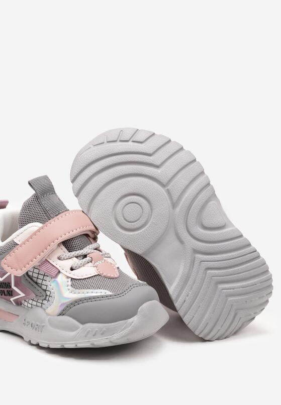 Szaro-Różowe Płaskie Buty Sportowe Sneakersy ze Skórzaną Wkładką na Rzep z Metaliczną Wstawką Tialemas 3