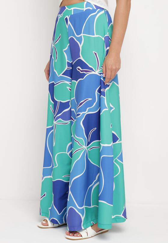 Zielono-Niebieskie Szerokie Wiskozowe Spodnie High Waist z Gumką w Talii Zapinane na Suwak Ditanea 1