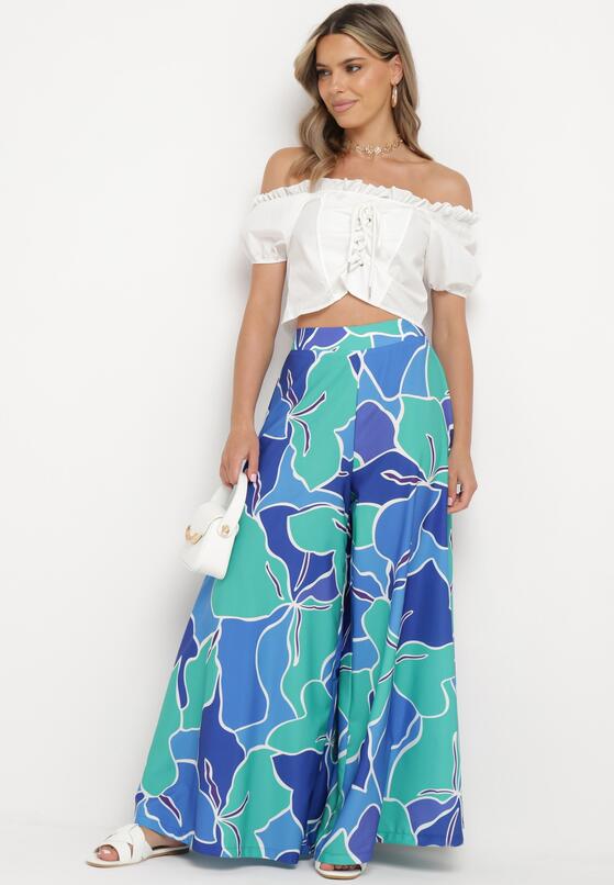 Zielono-Niebieskie Szerokie Wiskozowe Spodnie High Waist z Gumką w Talii Zapinane na Suwak Ditanea 2