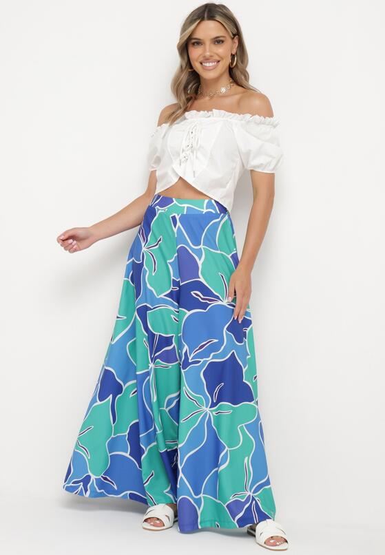 Zielono-Niebieskie Szerokie Wiskozowe Spodnie High Waist z Gumką w Talii Zapinane na Suwak Ditanea 4