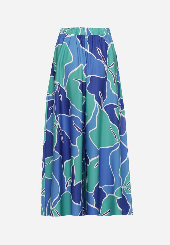 Zielono-Niebieskie Szerokie Wiskozowe Spodnie High Waist z Gumką w Talii Zapinane na Suwak Ditanea 7