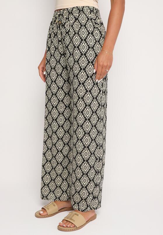 Czarno-Beżowe Wiskozowe Szerokie Spodnie z Wysokim Stanem Gumką w Talii i Geometrycznym Wzorem Rivaenna 1