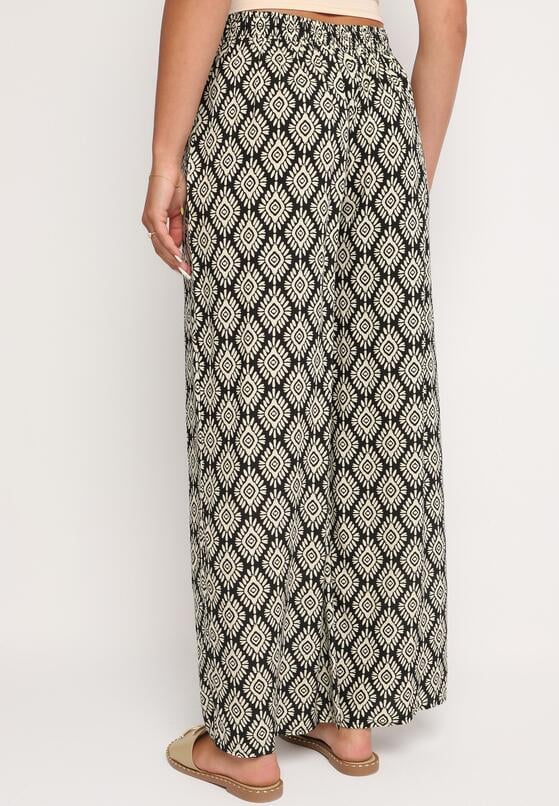 Czarno-Beżowe Wiskozowe Szerokie Spodnie z Wysokim Stanem Gumką w Talii i Geometrycznym Wzorem Rivaenna 3