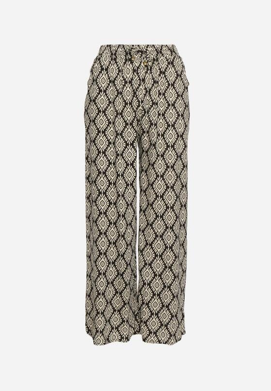 Czarno-Beżowe Wiskozowe Szerokie Spodnie z Wysokim Stanem Gumką w Talii i Geometrycznym Wzorem Rivaenna 6