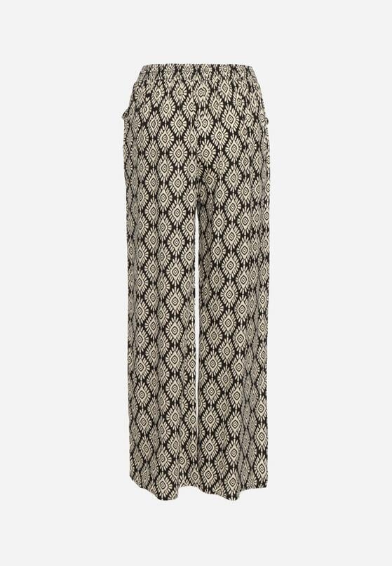 Czarno-Beżowe Wiskozowe Szerokie Spodnie z Wysokim Stanem Gumką w Talii i Geometrycznym Wzorem Rivaenna 7