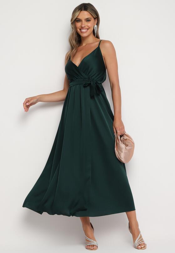 Ciemnozielona Taliowana Sukienka Koktajlowa na Ramiączkach z Rozcięciem u Dołu Aladea 2