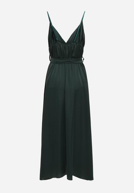 Ciemnozielona Taliowana Sukienka Koktajlowa na Ramiączkach z Rozcięciem u Dołu Aladea 7