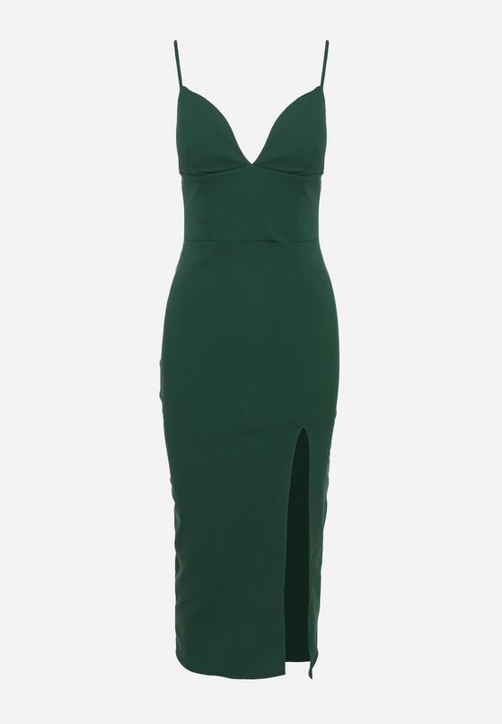 Zielona Koktajlowa Sukienka Midi z Głębokim Dekoltem na Ramiączkach Mineria 6