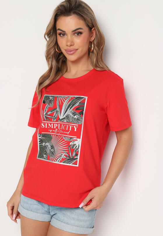 Czerwony Bawełniany T-shirt z Roślinnym Nadrukiem Relifea 4