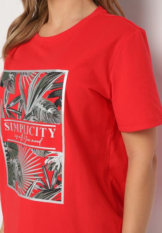 Czerwony Bawełniany T-shirt z Roślinnym Nadrukiem Relifea 5