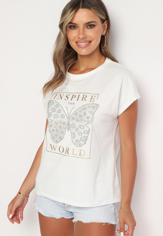 Biały Bawełniany T-shirt z Nadrukiem Motyla Ozdobionym Cyrkoniami Beonea 1