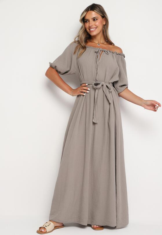 Beżowa Trapezowa Muślinowa Sukienka z Bawełny z Paskiem i Gumką w Talii Vimarinn 1