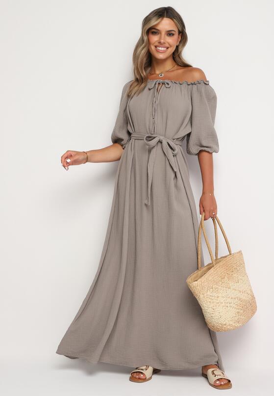 Beżowa Trapezowa Muślinowa Sukienka z Bawełny z Paskiem i Gumką w Talii Vimarinn 2