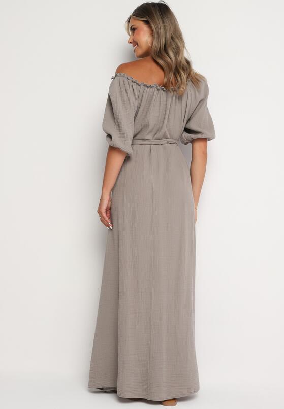 Beżowa Trapezowa Muślinowa Sukienka z Bawełny z Paskiem i Gumką w Talii Vimarinn 3