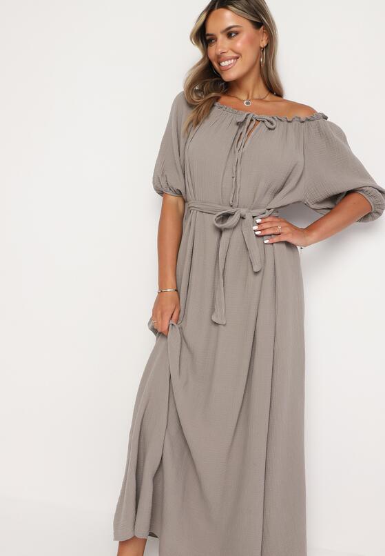 Beżowa Trapezowa Muślinowa Sukienka z Bawełny z Paskiem i Gumką w Talii Vimarinn 4