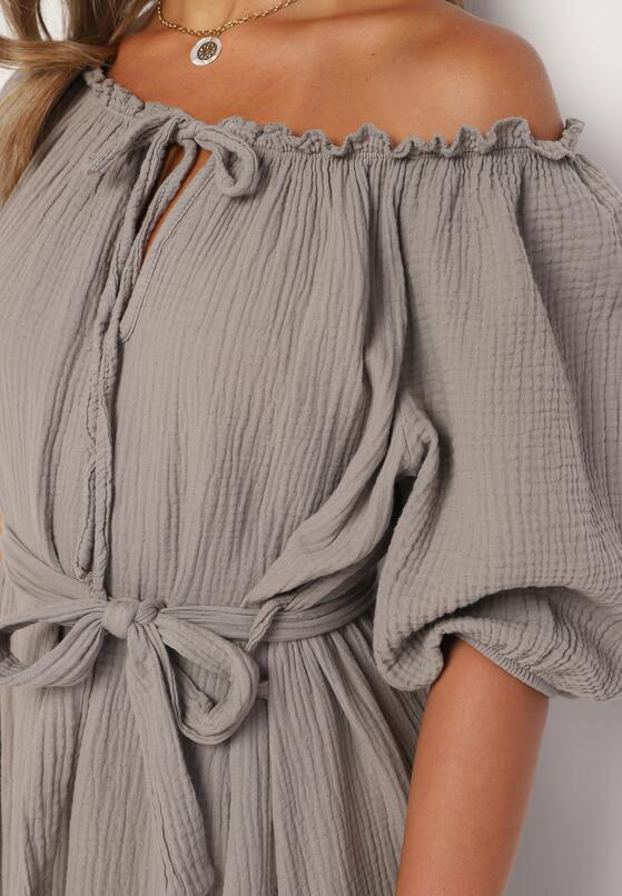 Beżowa Trapezowa Muślinowa Sukienka z Bawełny z Paskiem i Gumką w Talii Vimarinn 5