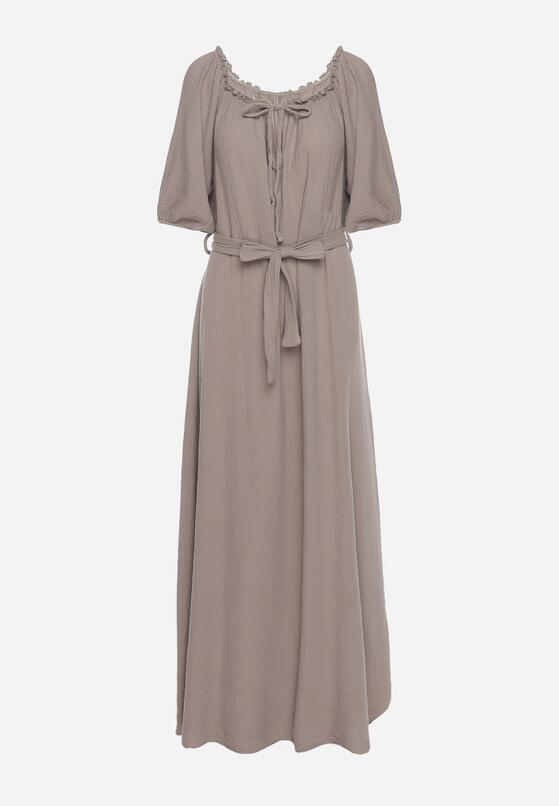 Beżowa Trapezowa Muślinowa Sukienka z Bawełny z Paskiem i Gumką w Talii Vimarinn 6