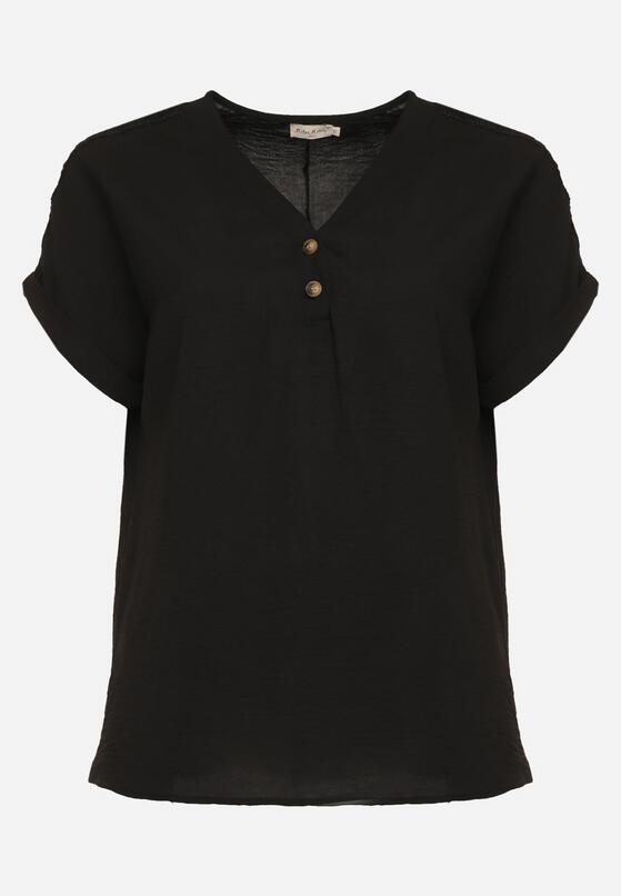 Czarna Bluzka z Dodatkiem Wiskozy z Ażurowymi Wstawkami i Guzikami przy Dekolcie Wimari 6