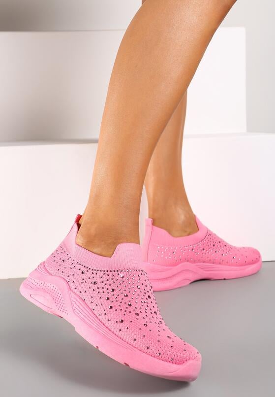 Różowe Buty Sportowe ze Skarpetową Cholewką Ozdobione Cyrkoniami Arabbea 2