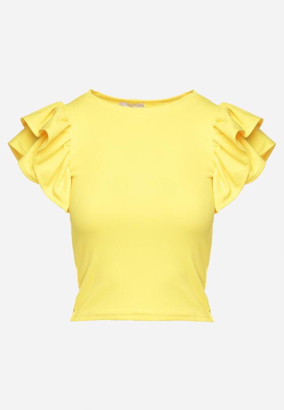 Żółty T-shirt Koszulka z Prążkowanego Materiału z Falbanką przy Rękawach Vimandria 6