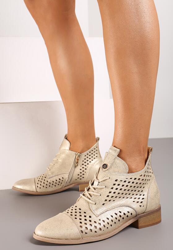 Złote Ażurowe Wiązane Botki na Płaskiej Podeszwie ze Skórzaną Wkładką Tagelia 1